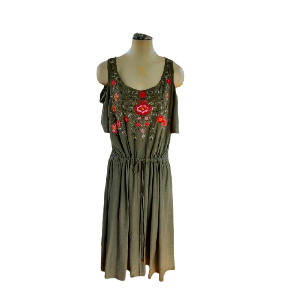 Rafaella Olive Green & Pink Embroidered Floral Print Cold Shoulder Dress Sz XL